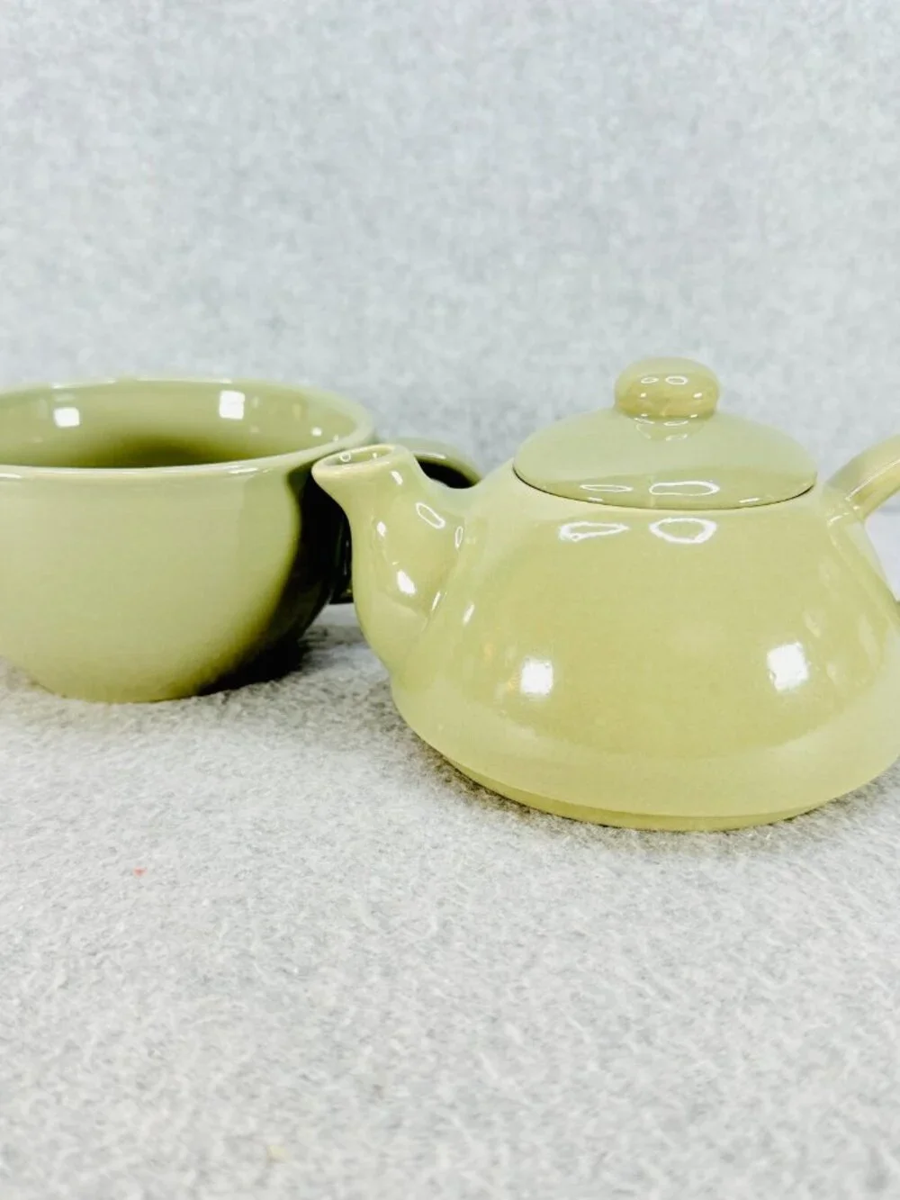 Pier 1 Tea For One Stoneware Stacking Cup and Teapot w Lid Green
